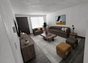 Thumbnail 1 of 5 - A living room with a brown couch, a coffee table, and a painting on the wall.