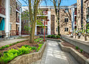 Thumbnail 3 of 31 - A courtyard with a tree and a bench.