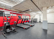 Thumbnail 13 of 16 - A gym with treadmills, elliptical machines, and other exercise equipment.