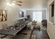 Thumbnail 1 of 7 - A modern dining room with a long table set for six.