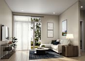 Thumbnail 39 of 80 - A modern living room with a white sofa and a coffee table.