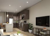 Thumbnail 40 of 80 - A modern kitchen with a dining area and a living room.
