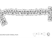 Thumbnail 46 of 80 - A black and white image of a second floor overall plan of a building.