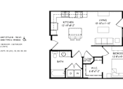 Thumbnail 52 of 80 - A floor plan of a small apartment with a living room, kitchen, bathroom, bedroom, and closet.