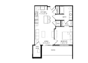 Thumbnail 54 of 80 - A floor plan of a residential unit with a kitchen, living room, and bathroom.