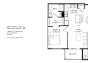 Thumbnail 60 of 80 - A floor plan of a home with a living room, two bedrooms, a bathroom, a kitchen, and a balcony.