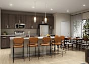 Thumbnail 41 of 80 - A modern kitchen with brown cabinets and a dining table with chairs.