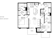Thumbnail 66 of 80 - A black and white image of a floor plan for a home with two bedrooms, two bathrooms, a living room, and a kitchen.