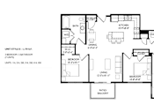 Thumbnail 75 of 80 - A floor plan of a house with three bedrooms, two bathrooms, a kitchen, a living room, and a patio balcony.