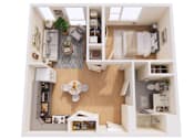 Thumbnail 19 of 21 - A dollhouse living room with a couch, coffee table, and potted plant.