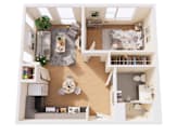 Thumbnail 17 of 21 - A top-down view of a small, neatly organized apartment with a kitchen, living room, and bedroom.