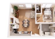 Thumbnail 18 of 21 - A top-down view of a small, well-organized apartment with a living room, kitchen, and bedroom.