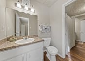 Thumbnail 10 of 38 - Bathroom with vanity and wood style flooring at Parks on the Green Apartments, Texas