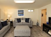 Thumbnail 23 of 36 - Basement with hardwood, vinyl flooring with couches and ottoman