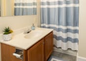 Thumbnail 8 of 29 - Guest bathroom with a sink, mirror and tub shower at Woodridge Apartments in Randallstown, MD 21133.