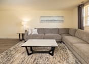 Thumbnail 3 of 26 - A living room with a grey couch and a coffee table.