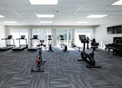 Thumbnail 16 of 19 - A gym with treadmills, stationary bikes, and elliptical machines.