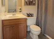 Thumbnail 5 of 15 - A bathroom with a toilet, sink, and shower at Walnut Grove Townhomes* Apartments, Essex, MD
