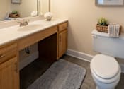 Thumbnail 14 of 25 - A bathroom with a white toilet, a sink with a mirror above it, and a rug on the floor.