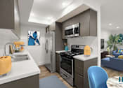 Thumbnail 9 of 39 - Kitchen with Stainless-Steel Refrigerator, Stove, Microwave Oven, and Patio