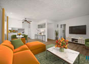 Thumbnail 1 of 39 - Open-Concept Kitchen, Dining, and Living Room with Vinyl Flooring