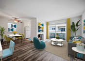 Thumbnail 1 of 65 - Open-Concept Dining and Living Room with Vinyl Flooring, Fireplace, and a Patio