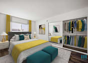 Thumbnail 5 of 65 - A bedroom with a bed, a bench, and a wardrobe with clothes.
