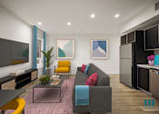 Thumbnail 28 of 106 - Living Room with Grey Couch at Ogden Garden by Wiseman, Los Angeles, 90036
