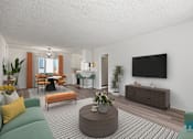 Thumbnail 1 of 23 - A living room with a green sofa, a wooden coffee table, and a flat-screen TV mounted on the wall.