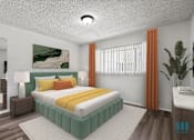 Thumbnail 3 of 23 - A bedroom with a large bed and a painting on the wall.