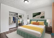 Thumbnail 4 of 23 - A bedroom with a bed, nightstand, and a painting on the wall.