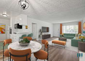 Thumbnail 2 of 23 - A modern living room with a dining table and chairs.