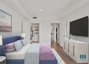 Thumbnail 2 of 49 - A bedroom with a bed, a nightstand, and a television.