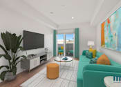 Thumbnail 8 of 49 - A living room with a television, a green couch, and a plant.