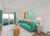 Thumbnail 9 of 49 - A living room with a green couch and a painting on the wall.
