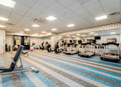 Thumbnail 23 of 33 - A gym with a variety of equipment including treadmills, weights, and exercise machines.