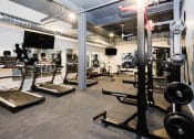 Thumbnail 4 of 31 - a gym with weights and other exercise equipment in a building with white walls