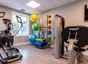 Thumbnail 14 of 21 - The corner of a fitness center with cardio equipment, weight equipment, tube bands, and exercise balls.