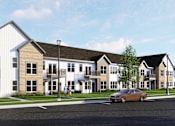 Thumbnail 28 of 31 - A car is parked in front of a modern two-story building at The Daniels at Northern Gateway Apartments, Saukville 53080