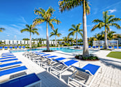 Thumbnail 76 of 78 - A pool area with sun loungers and palm trees.