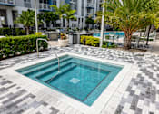 Thumbnail 35 of 49 - A small pool surrounded by a black and white tiled floor.
