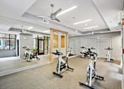 Thumbnail 29 of 36 - A gym with a row of stationary bikes and a mirrored wall.