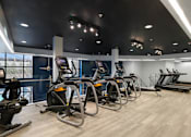 Thumbnail 26 of 36 - A gym with a row of stationary bikes.