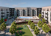 Thumbnail 1 of 5 - A large outdoor swimming pool surrounded by apartment buildings and a grassy area with people walking and sitting.