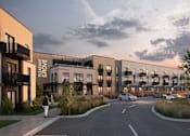 Thumbnail 3 of 5 - A modern apartment complex named "Pleasant Grove" is depicted with a person walking on a sidewalk.