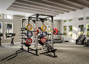 Thumbnail 4 of 7 - Luxury Apartments in Bradenton, FL, with In-Unit Washer and Dryer - Eventide Apartments - Fitness Center With A Weight Rack, Cardio Machines, Large Windows, High Ceilings, and Ceiling Fan.