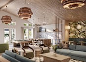 Thumbnail 3 of 7 - Dog-Friendly Luxury Apartments in Bradenton, FL - Eventide Apartments - Lounge With Vaulted Wood Ceilings, Large Windows, Woven Pendant Lights, and a Billiards Table.