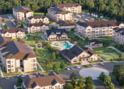Thumbnail 43 of 43 - Huntsville, AL Luxury Apartments - Paxton Place - Building Exterior, Landscaped Grounds, and Pool From Bird's Eye View
