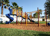 Thumbnail 20 of 31 - A playground with a blue slide and yellow and red play equipment.