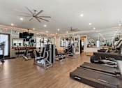 Thumbnail 38 of 53 - a gym with cardio machines and weights on a wooden floor